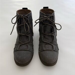 Sorel Major Lace Up Ankle Boot Wedge Gray Canvas Leather NL2163-010 Womens 8